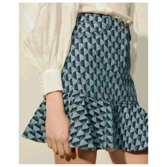 NWT Sandro Women's Blue Navy Logo Ruffle Paulina Mini Skirt Size Small 2 4 - Picture 3 of 16